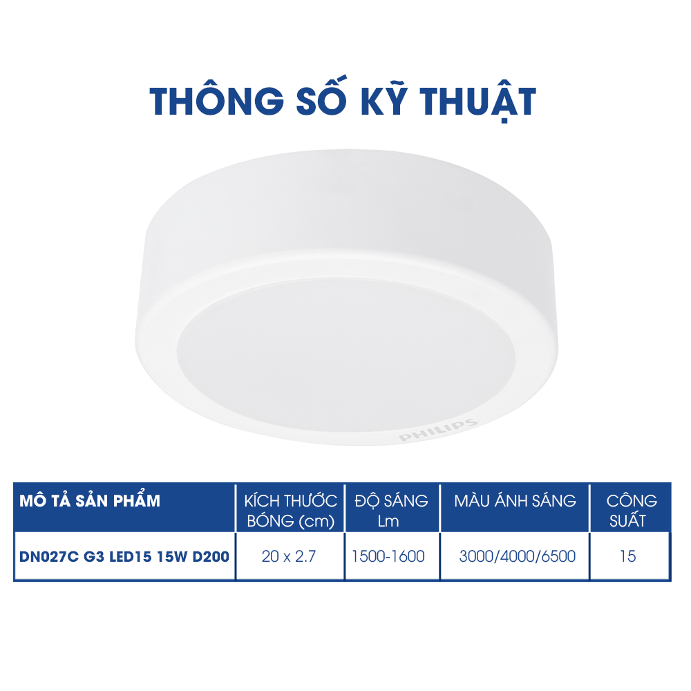 Bộ đèn ốp trần Philips LED tròn lắp nổi DN027C Công suất (9W, 12W, 15W, 19W)