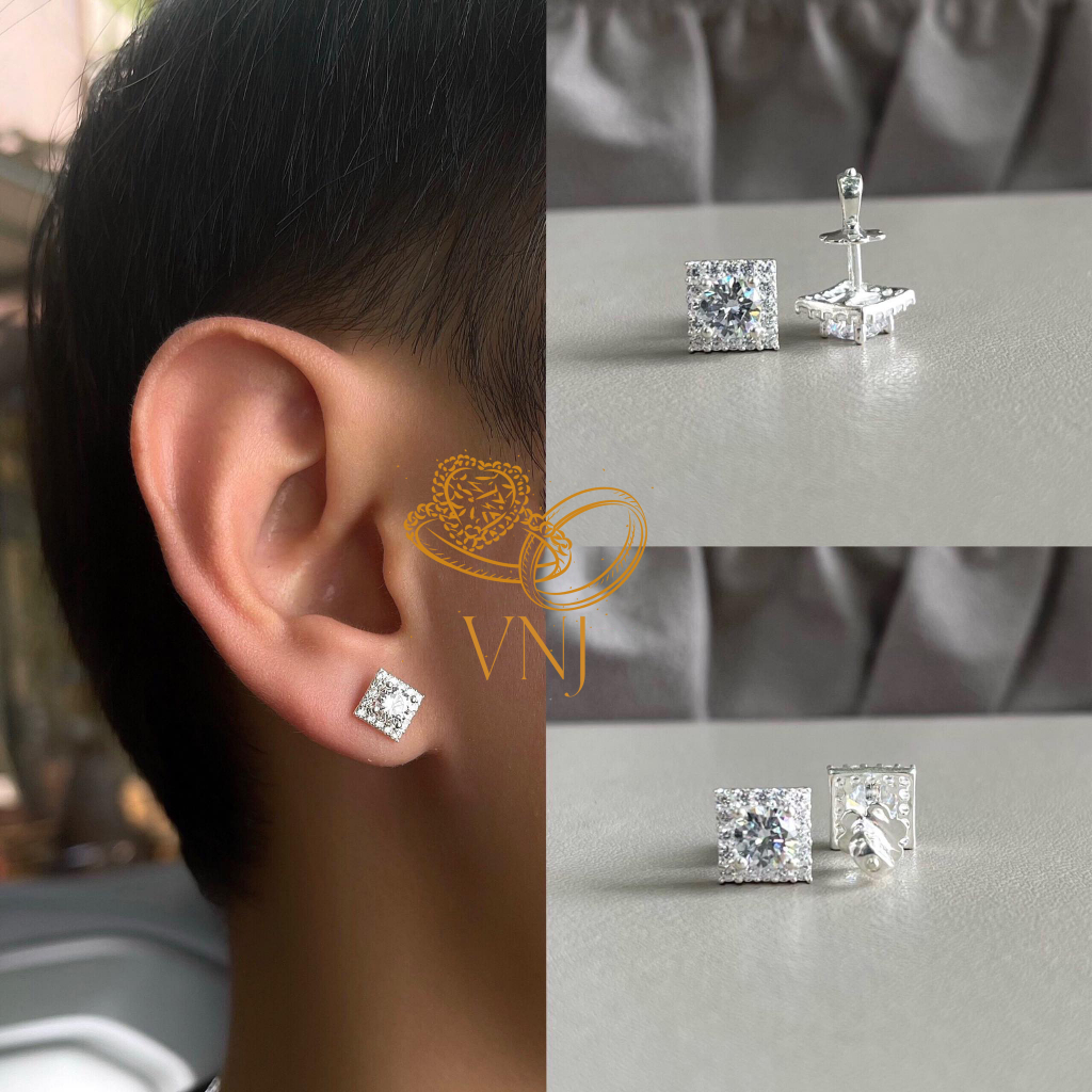 Bông tai nụ vuông Bạc 925 cho nam nữ VNJ  - V58