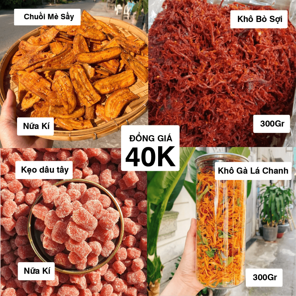 Khô gà, Khô bò, Dâu tằm, Chuối mè đồng giá 50K hàng cao cấp ăn vặt văn phòng