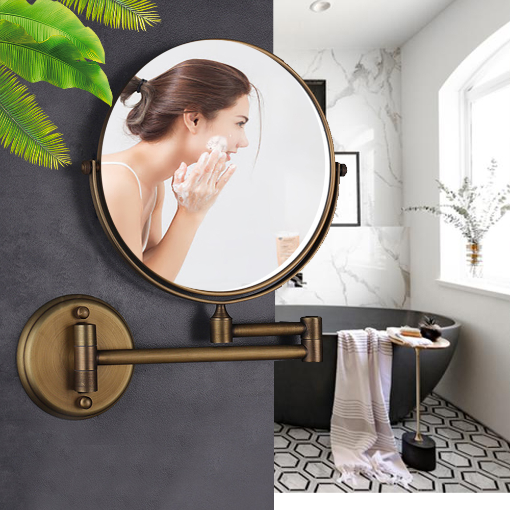 Gương trang điểm phóng đại Minh House, xoay 360, 2 mặt, treo tường phòng tắm, Đồng Cổ