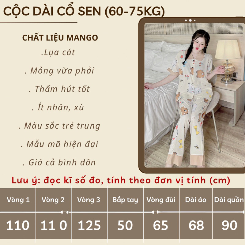 Đồ Bộ Bigsize 60-75kg, Pijama Tay Ngắn Quần Dài Cổ Sen Chất Liệu Lụa Mango - Jerry Home