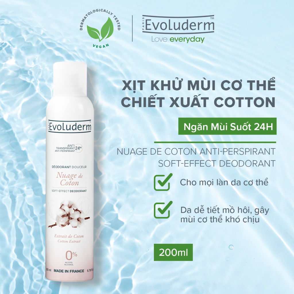 Xịt khử mùi toàn thân Evoluderm hương hoa Coton ngăn khuẩn gây mùi suốt 24h - 200ml (15257)