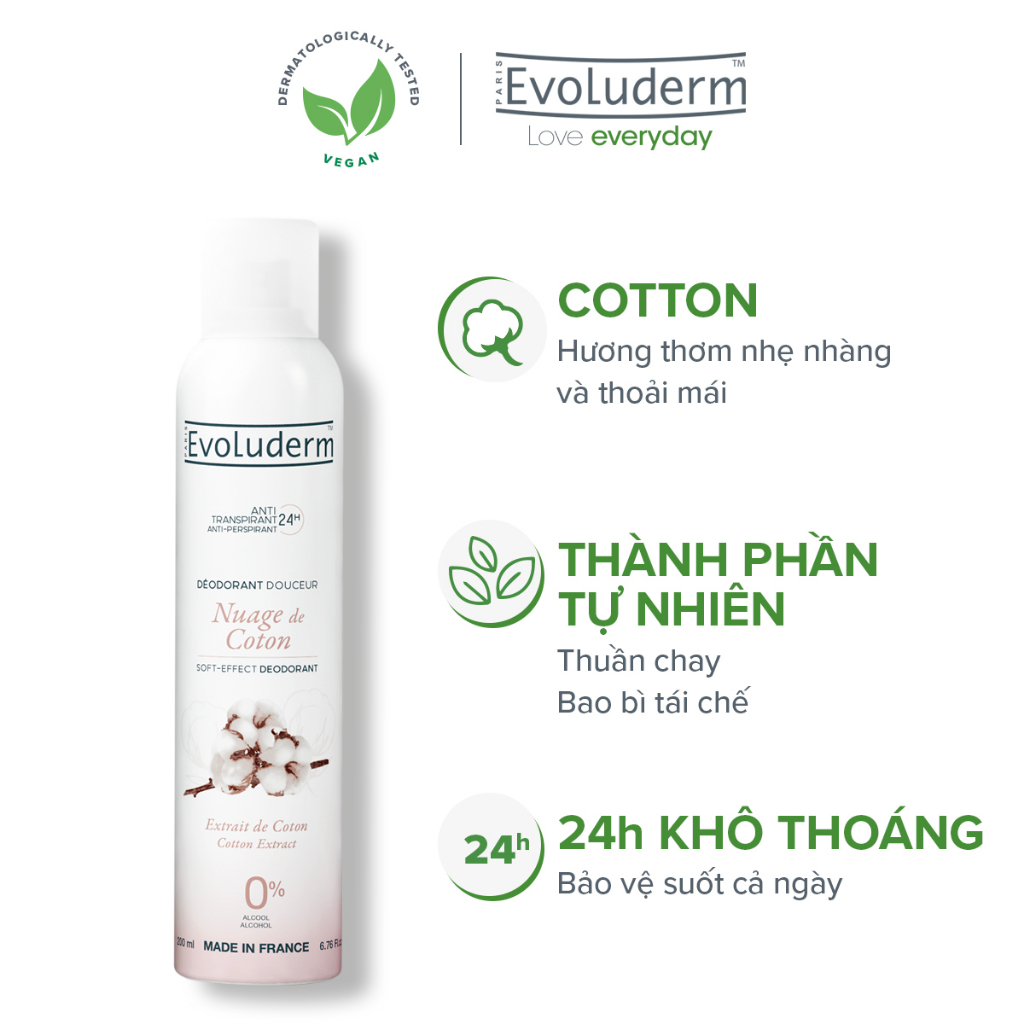 Xịt khử mùi toàn thân Evoluderm hương hoa Coton ngăn khuẩn gây mùi suốt 24h - 200ml (15257)