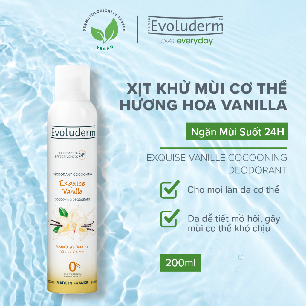 Xịt khử mùi toàn thân Evoluderm hương Vanilla ngăn khuẩn gây mùi suốt 24h - 200ml 