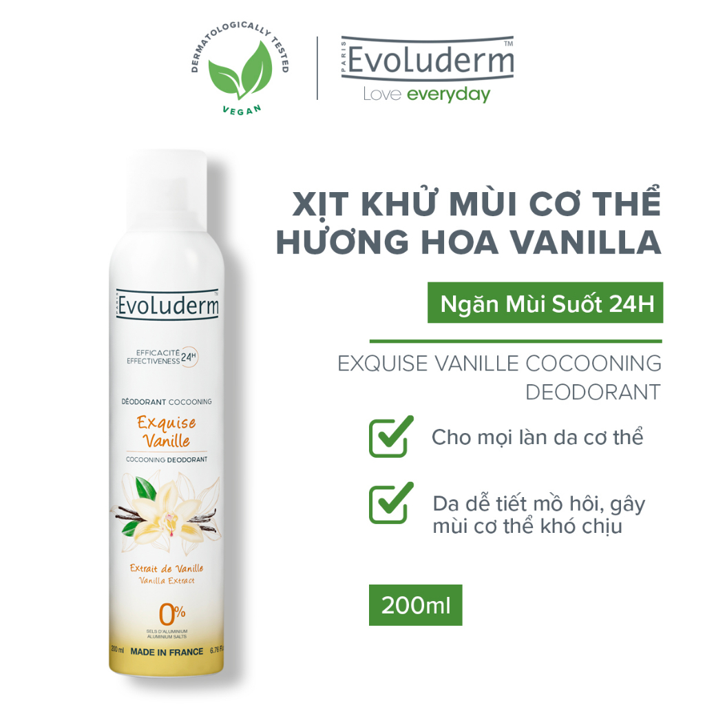 Xịt khử mùi toàn thân Evoluderm hương Vanilla ngăn khuẩn gây mùi suốt 24h - 200ml (20375)