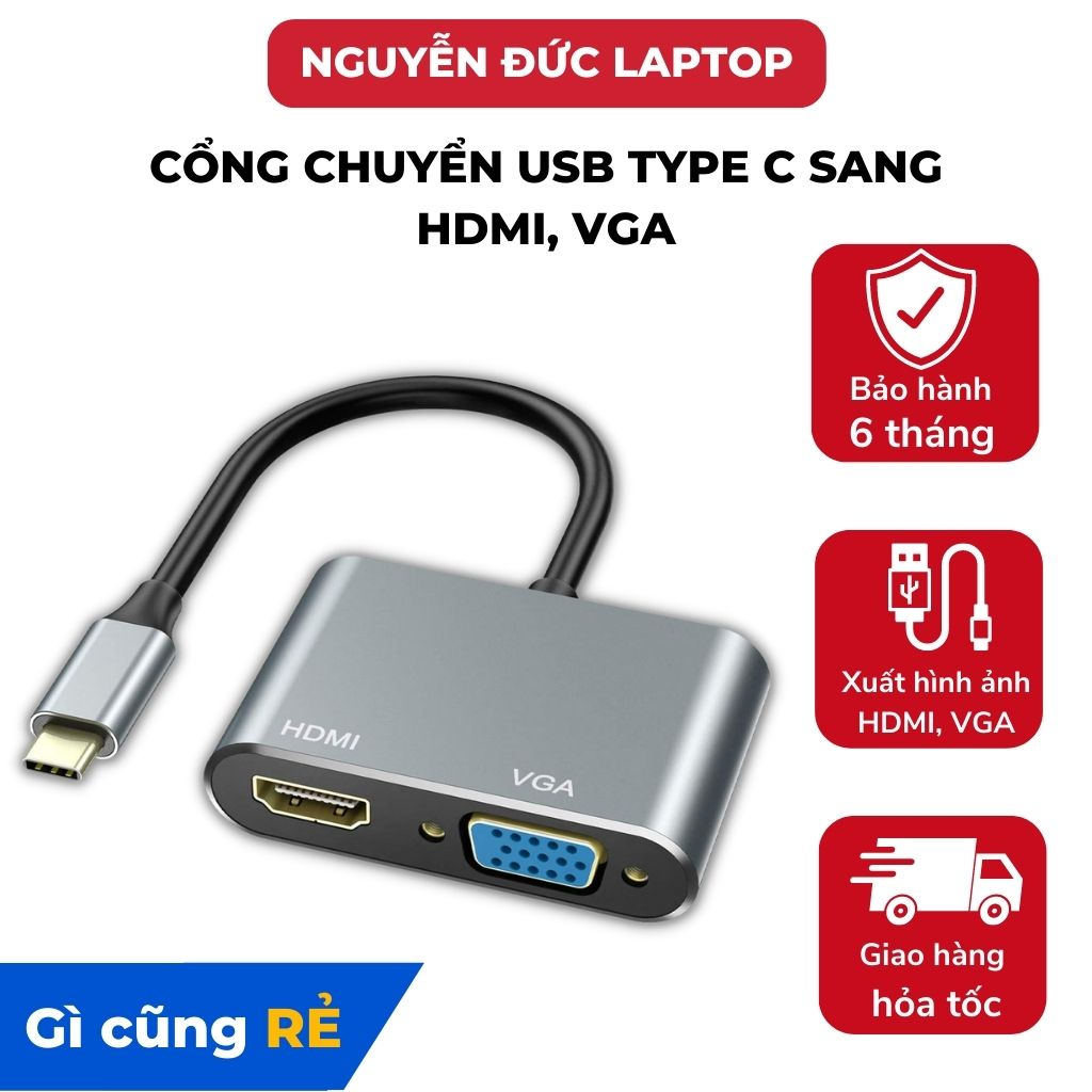 Cổng chuyển đổi HUB USB Type-C 2in1 to HDMI, VGA cho Laptop, Điện thoại.