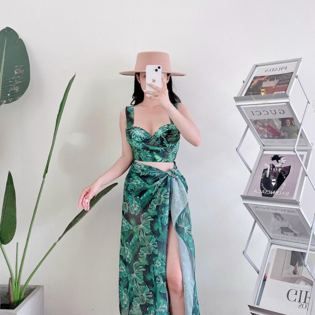 Bikini set 3 món# Đồ bơi đi biển lá rùa xanh kèm khăn mẫu mới BM-03