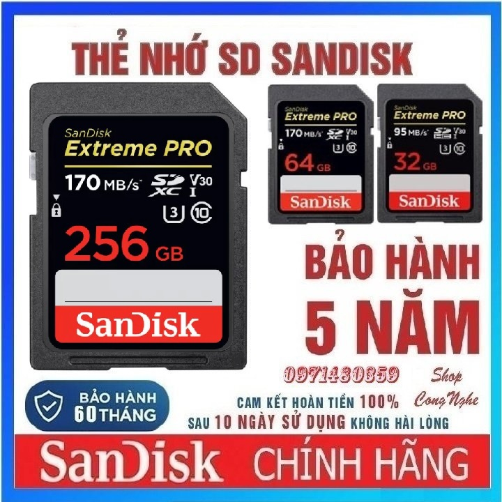 Thẻ nhớ SD Sandisk 32G 64G 128G 256G Ultra Class 10 và Extreme Pro tốc độ cao cho máy ảnh, máy quay