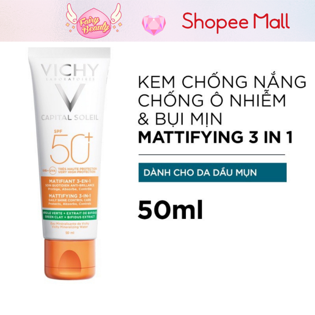 [VICHY] Kem Chống Nắng 3 Trong 1 Giúp Kiểm Soát Nhờn Cho Da Dầu Mụn Capital Soleil Mattifying 3-In-1 SPF50+ 50/3ml