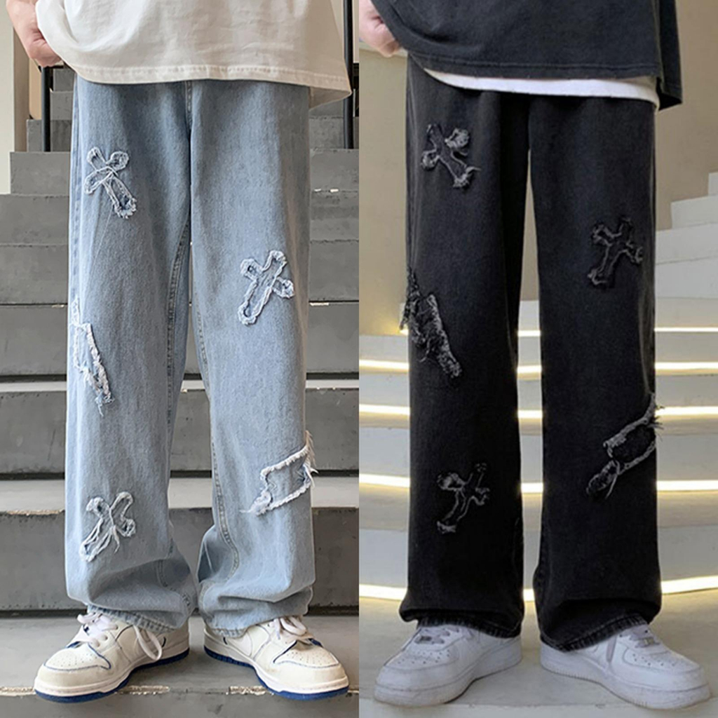 Quần jean ống suông nam nữ phong cách quần ống rộng hiphop đường phố hongkong Q007 | BigBuy360 - bigbuy360.vn