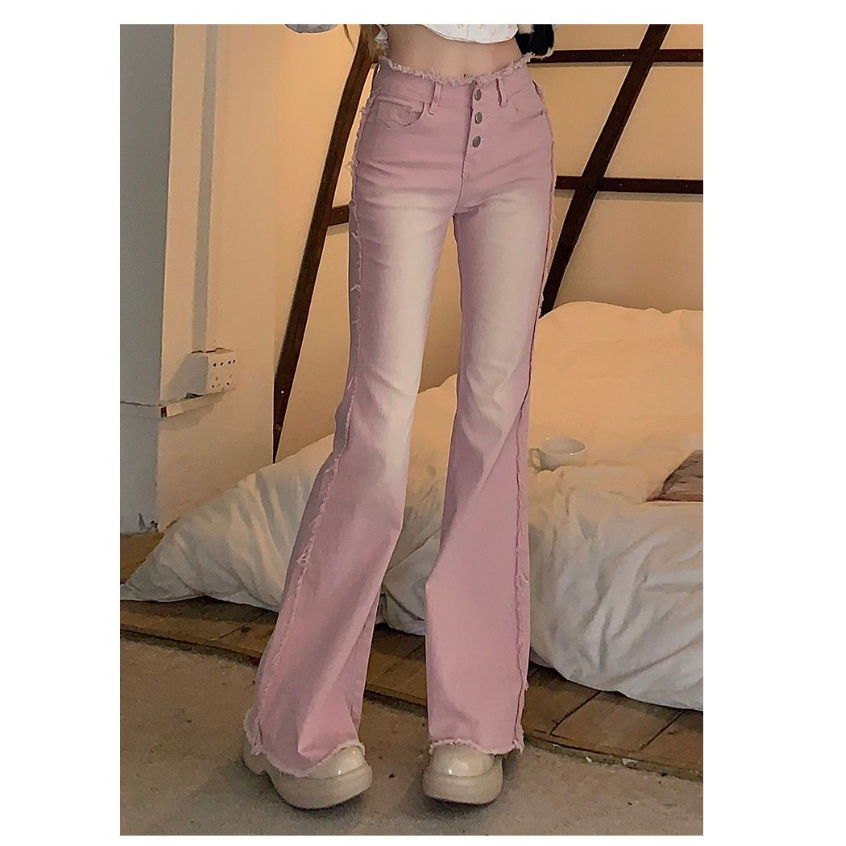 Quần Jeans Ống Loe Dáng Dài Eo Cao Màu Hồng Phong Cách Hàn Quốc Thời Trang Cho Nữ