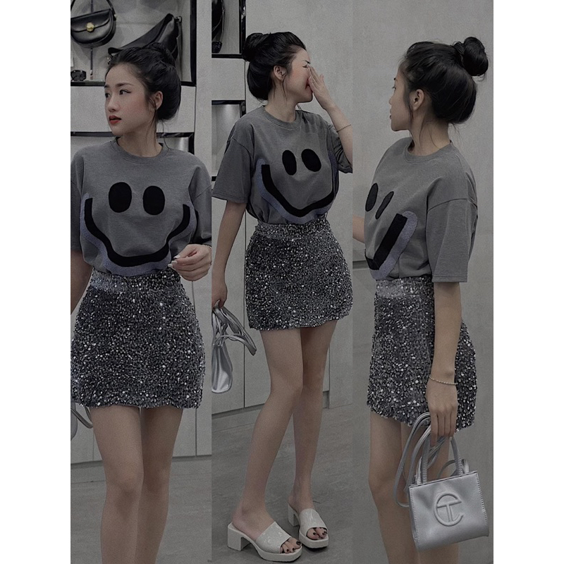 Sét Váy Nữ Áo Phông Mặt Cười Mix Chân Váy Kim Sa Dáng Ngắn Có Lót Trong