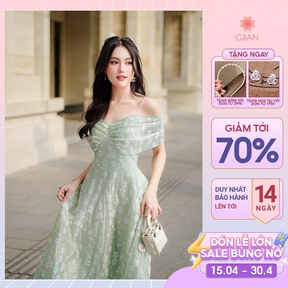 Váy trễ vai dáng dài thiết kế 2 dây cách điệu in họa tiết hoa nổi chính hãng Giian - GV2680