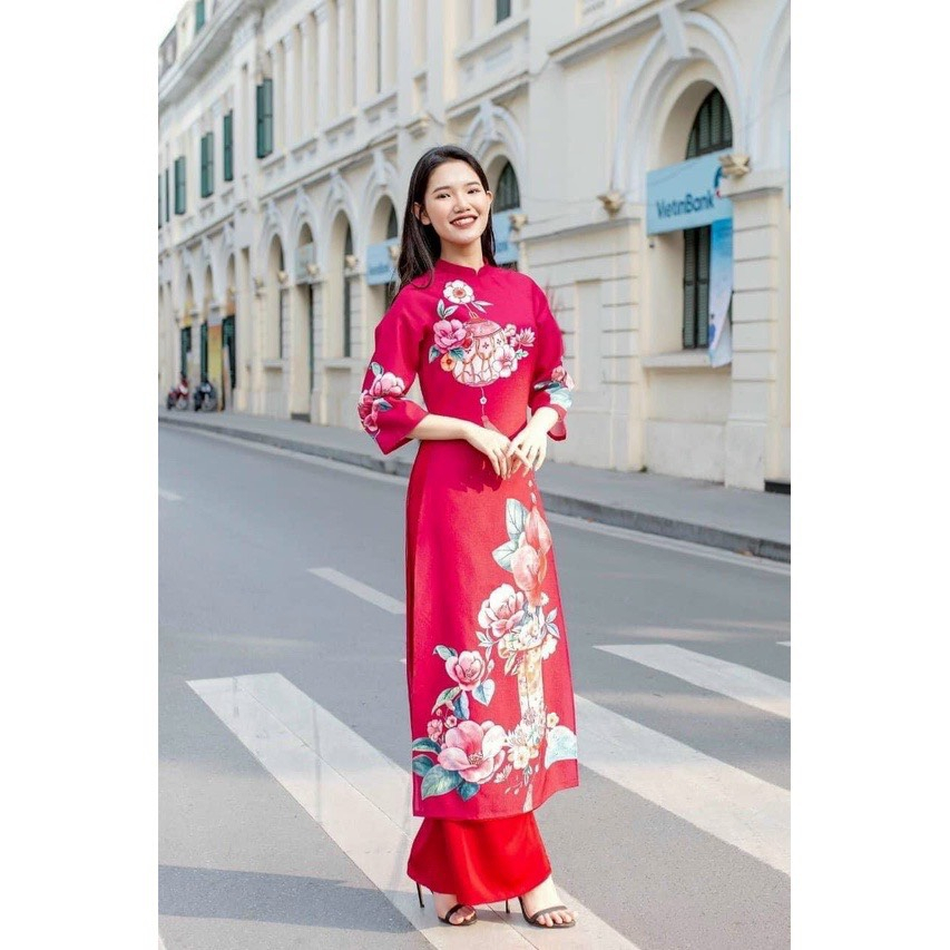 Áo lụa gấm hồng đậm họa tiết hoa
