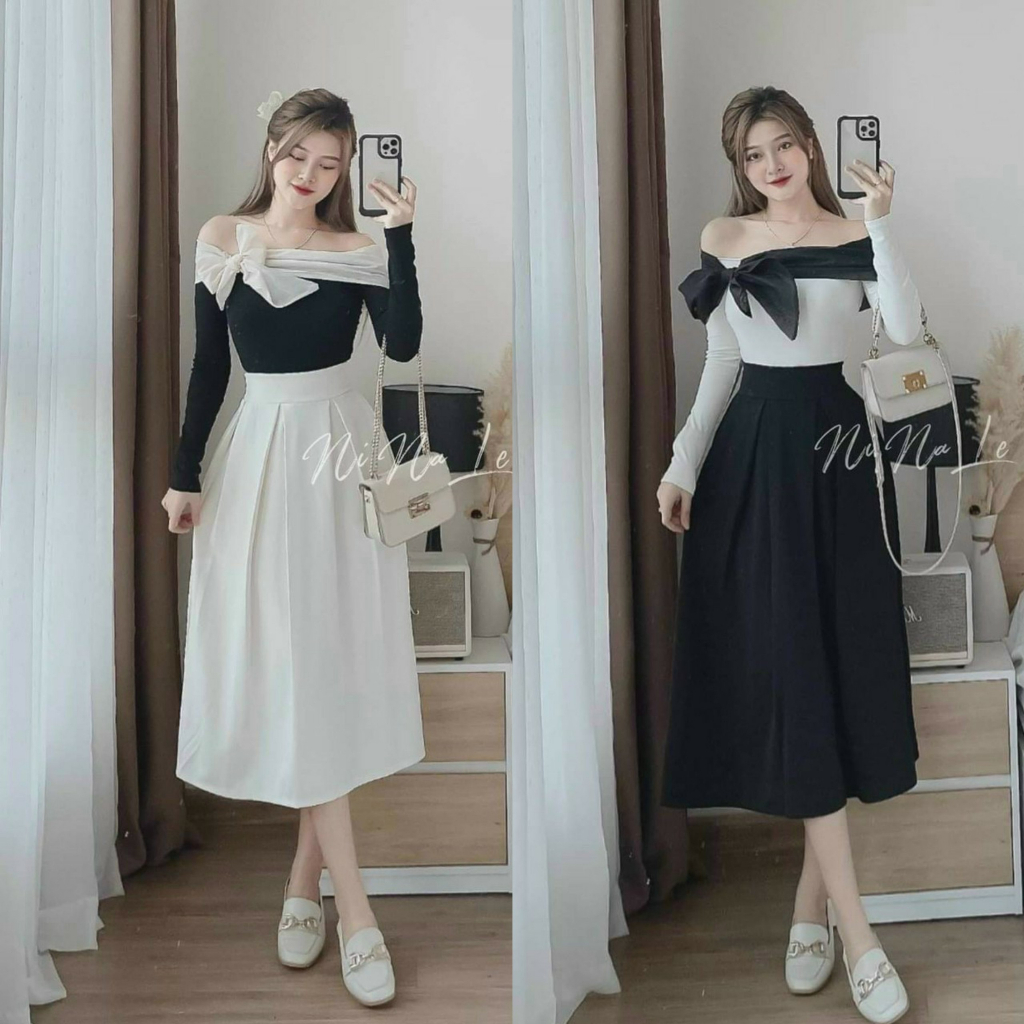 Đầm váy nữ phối voan tơ dài tay dáng xòe kèm nơ ngực siêu xinh cho nàng đi chơi, đi tiệc [978]