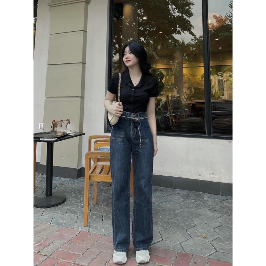 Quần bò jean ống rộng suông xuông nữ jeans cạp cao kèm xích thêu gối phong cách Hàn Quốc 2023 | BigBuy360 - bigbuy360.vn