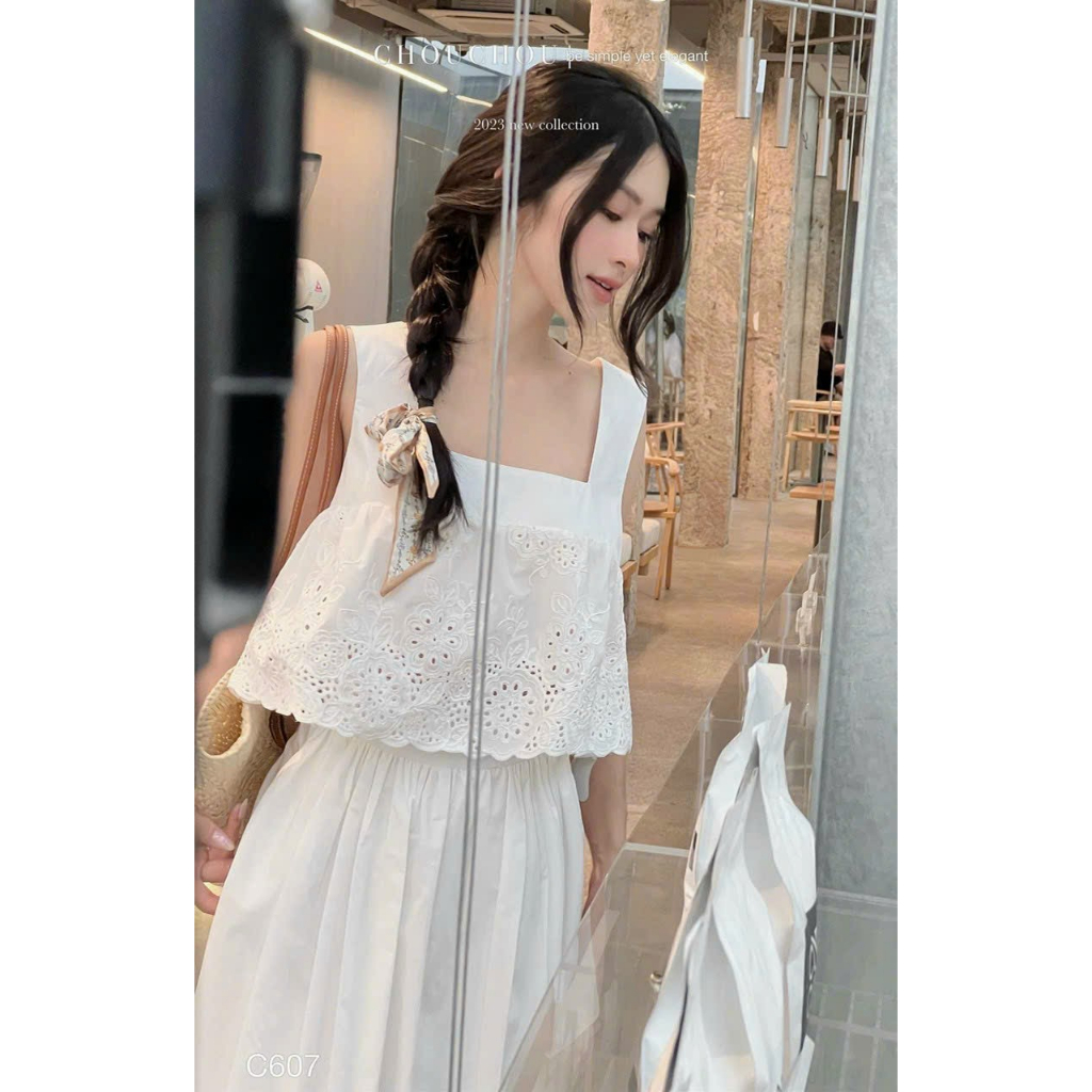 Set áo dây croptop cổ u mix chân váy xòe dài