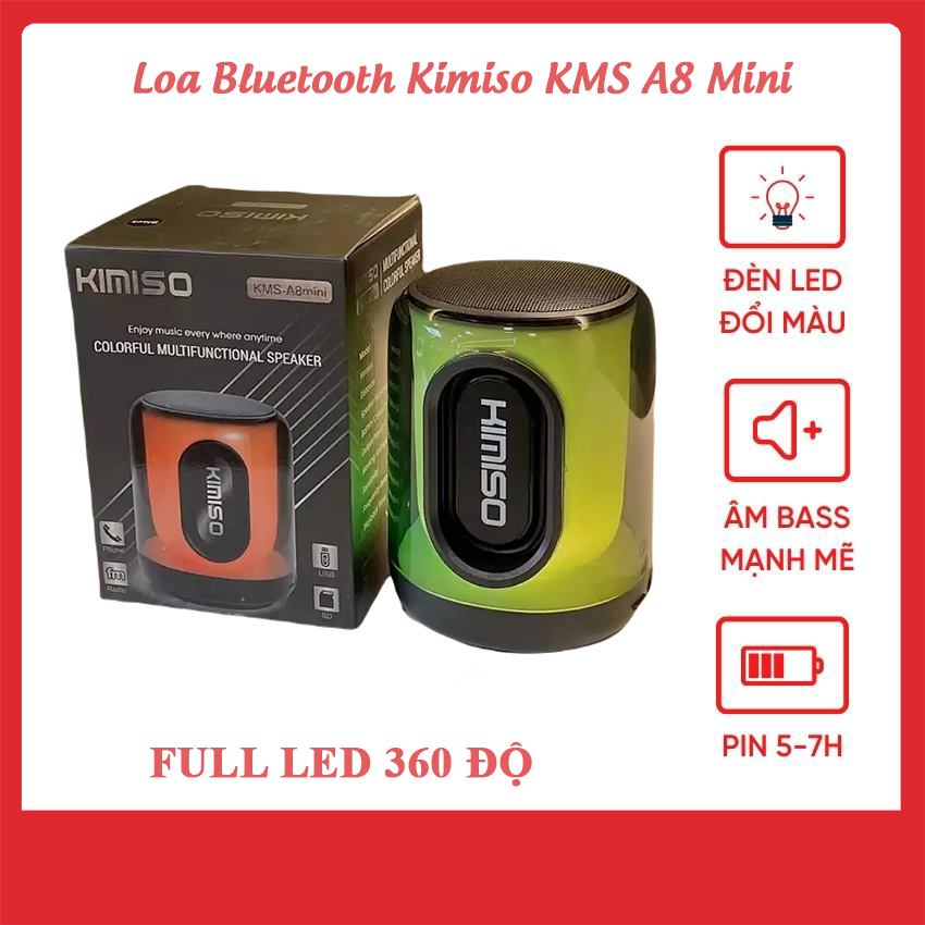 Loa Bluetooth KMS A8 Mini, Led Đẹp 360 RGB Đổi Màu, Bass Ấm, Âm Thanh Chất Lượng