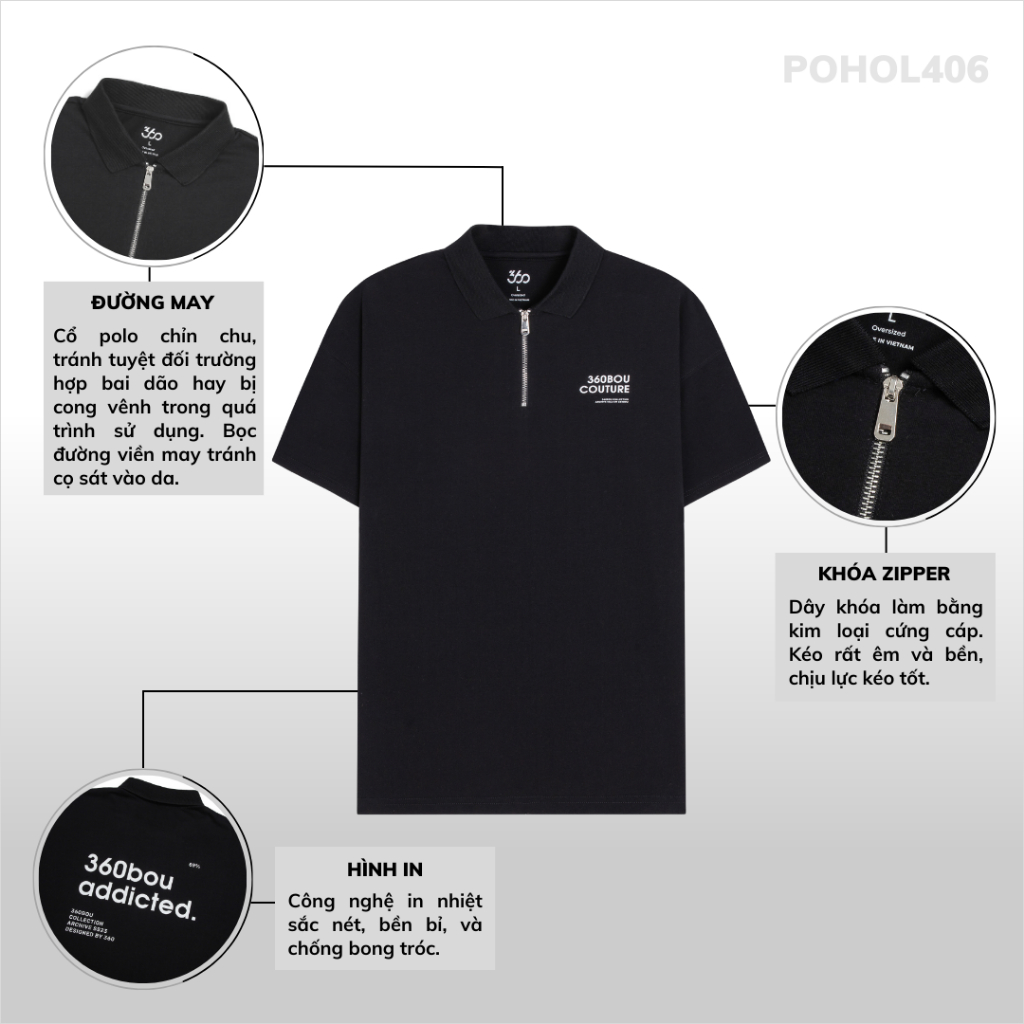 Áo polo nam màu đen khóa zip trẻ trung thương hiệu 360 Boutique chất liệu pique dày dặn - POHOL406