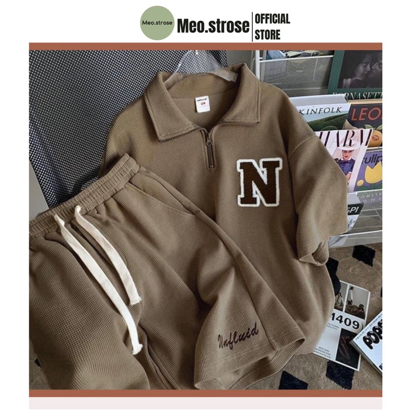 Set bộ đồ nữ chữ N , áo polo khóa kèm quần short đùi thêu form rộng unisex