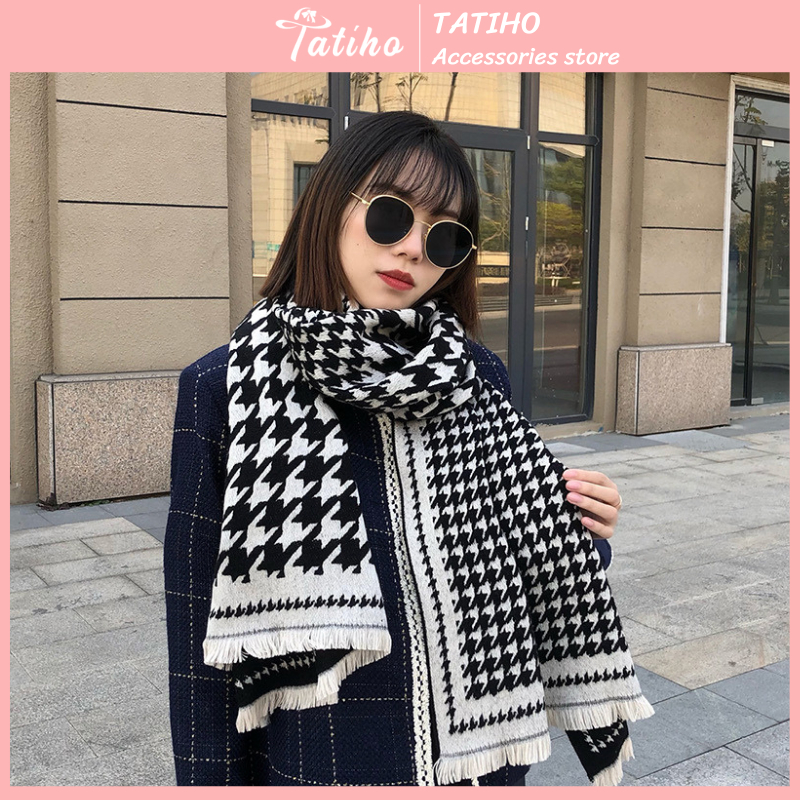 Khăn choàng cổ unisex nam nữ, Khăn cashmere họa tiết xương cá chất dày dặn phong cách basic thời trang thu đông - KLN27