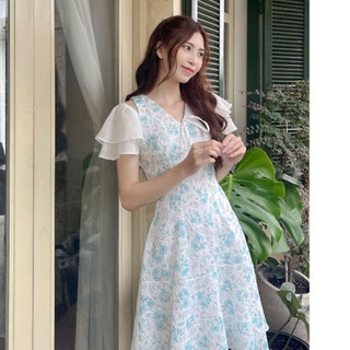 Đầm hoa thêu nổi fai.ry màu xanh phối trắng