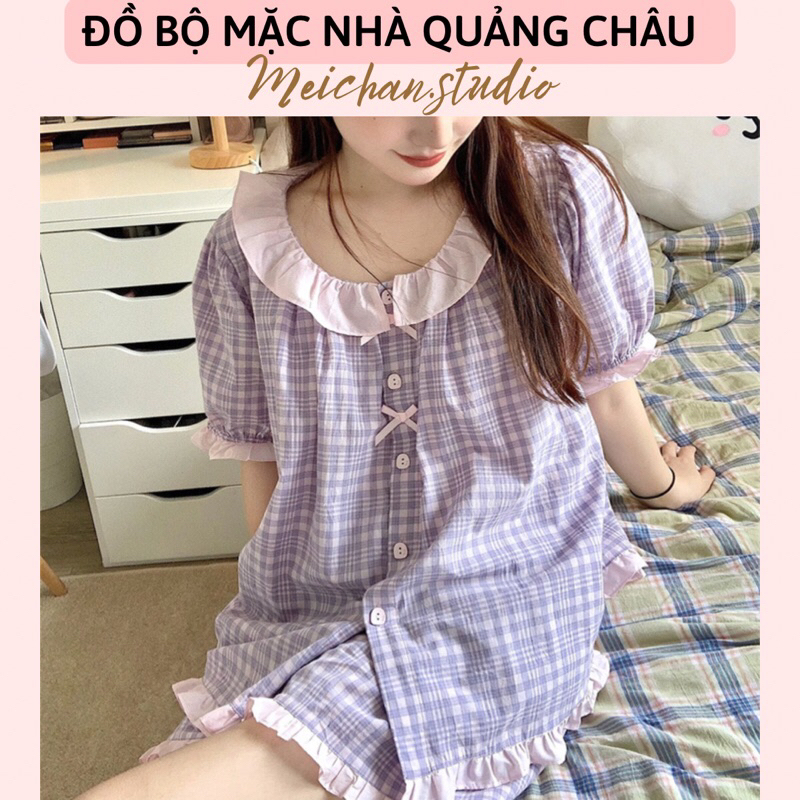 Đồ Ngủ - Đồ Bộ Nữ Mặc Nhà Sọc Caro Tím Phối Cổ Bèo Tròn Ulzzang Quảng Châu