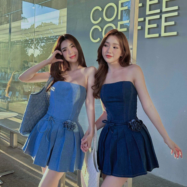 Đầm xòe ống thiết kế denim xếp li kèm dây belt hoa siêu xinh,sang chảnh