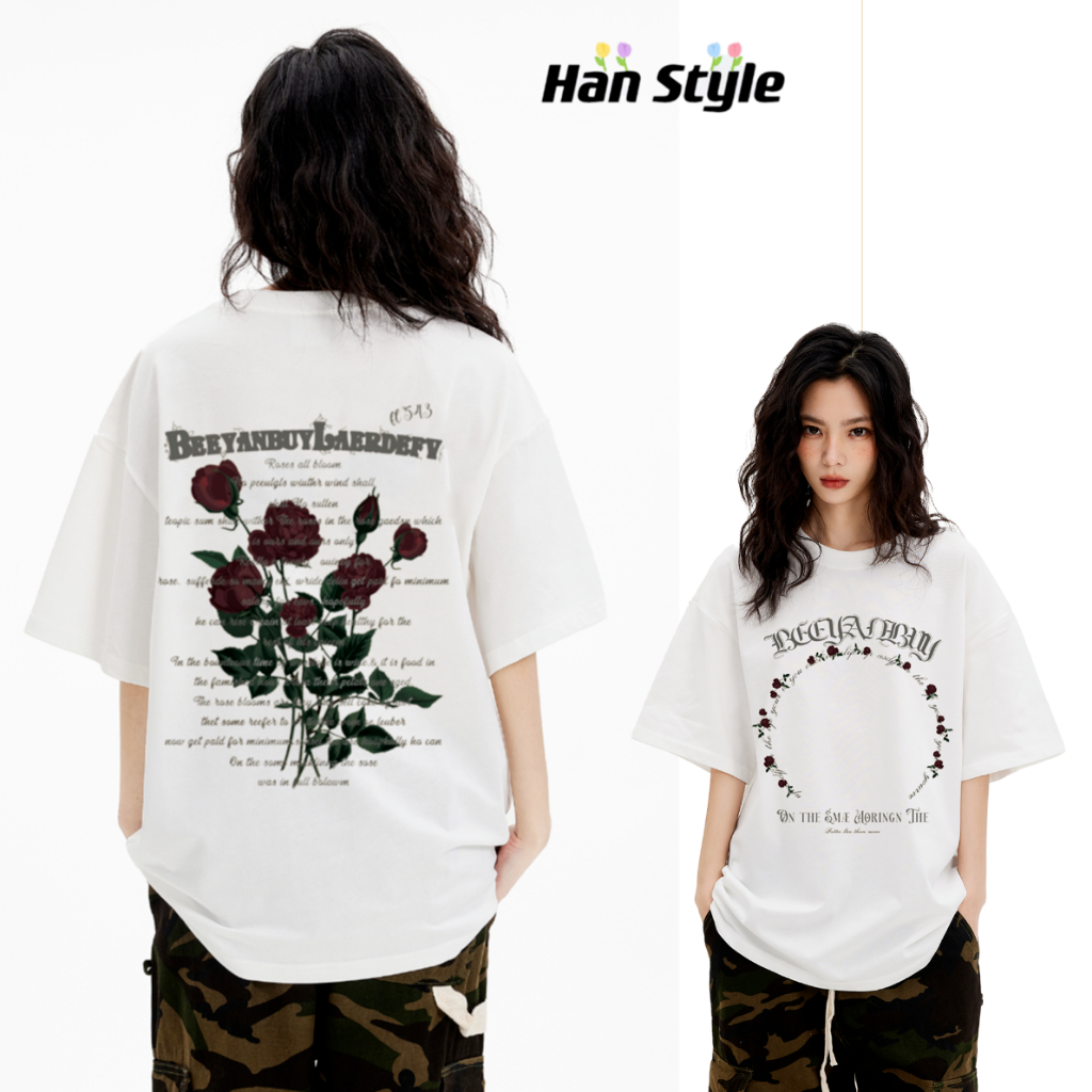 áo hoa hồng áo hoa Hoa hồng áo chữ áo thun chữ áo sơ mi chữ sơ mi chữ Áo thun nữ cổ ao thun nữ áo thun cotton nữ rộng chất liệu in họa tiết phong cách retro Mỹ thời trang cho nữ A2613