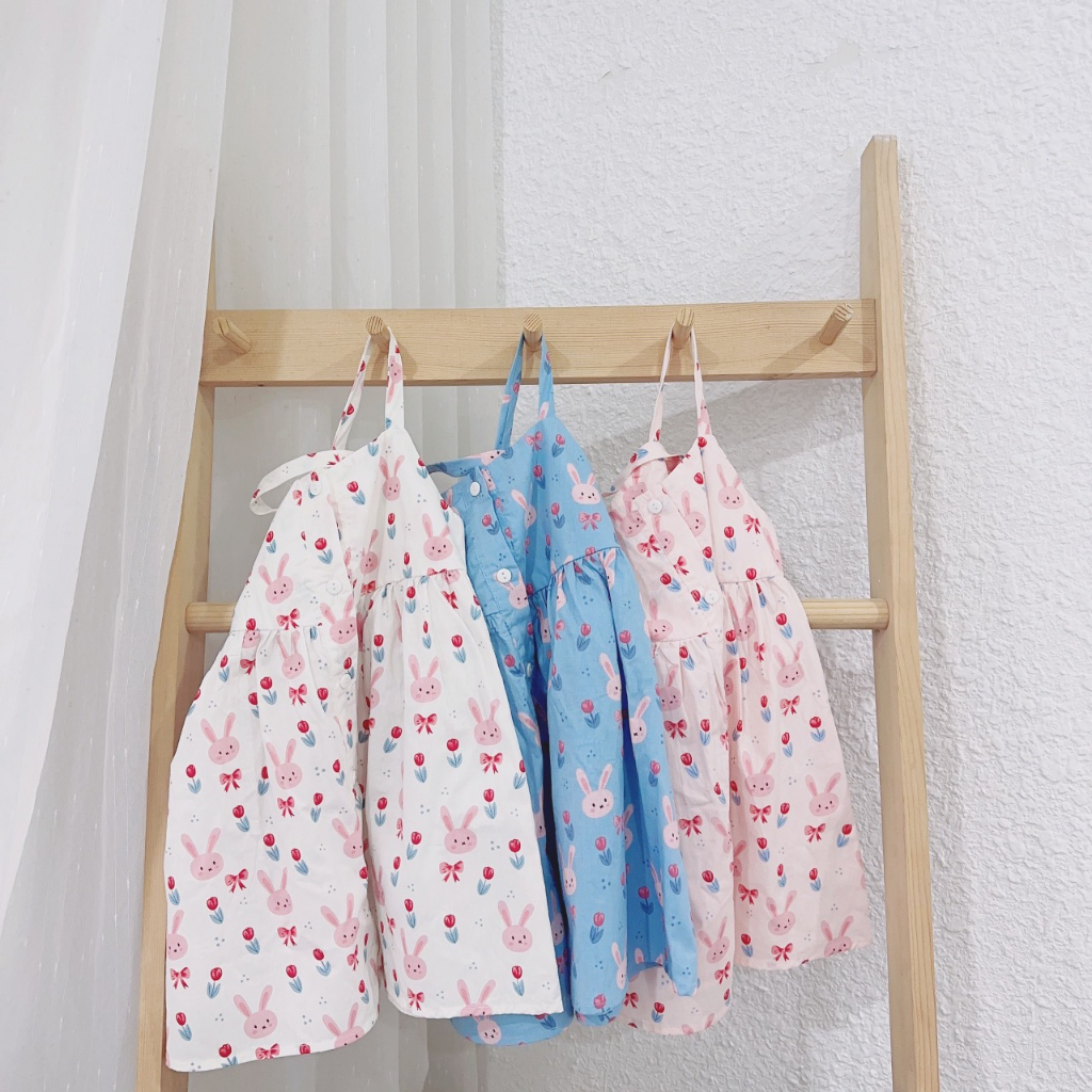 Váy 2 Dây Cho Bé Gái WOWKIDS Chất Thô Hàn Mềm Họa Tiết Thỏ Cho Bé Từ 8-20kg
