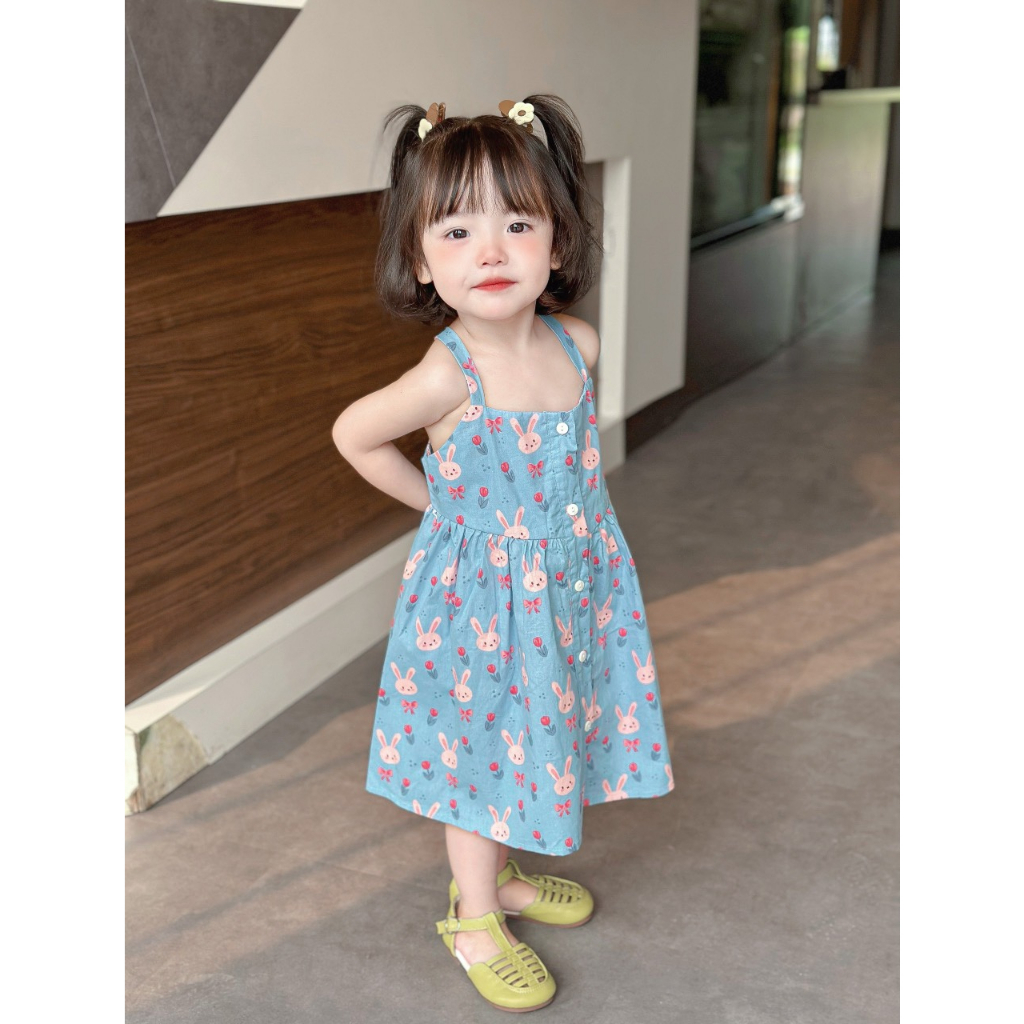 Váy 2 Dây Cho Bé Gái WOWKIDS Chất Thô Hàn Mềm Họa Tiết Thỏ Cho Bé Từ 8-20kg