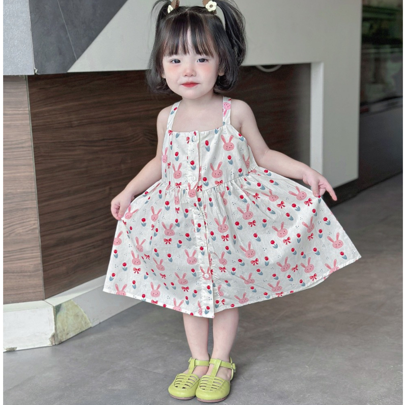 Váy 2 Dây Cho Bé Gái WOWKIDS Chất Thô Hàn Mềm Họa Tiết Thỏ Cho Bé Từ 8-20kg