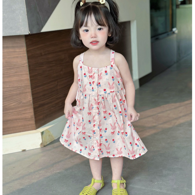 Váy 2 Dây Cho Bé Gái WOWKIDS Chất Thô Hàn Mềm Họa Tiết Thỏ Cho Bé Từ 8-20kg