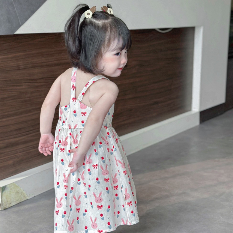 Váy 2 Dây Cho Bé Gái WOWKIDS Chất Thô Hàn Mềm Họa Tiết Thỏ Cho Bé Từ 8-20kg