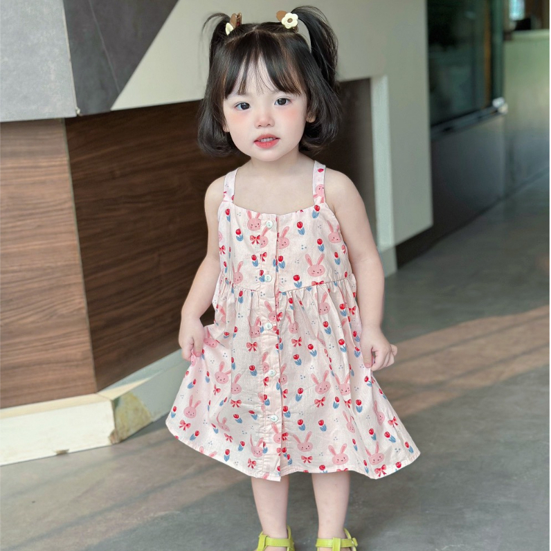 Váy 2 Dây Cho Bé Gái WOWKIDS Chất Thô Hàn Mềm Họa Tiết Thỏ Cho Bé Từ 8-20kg