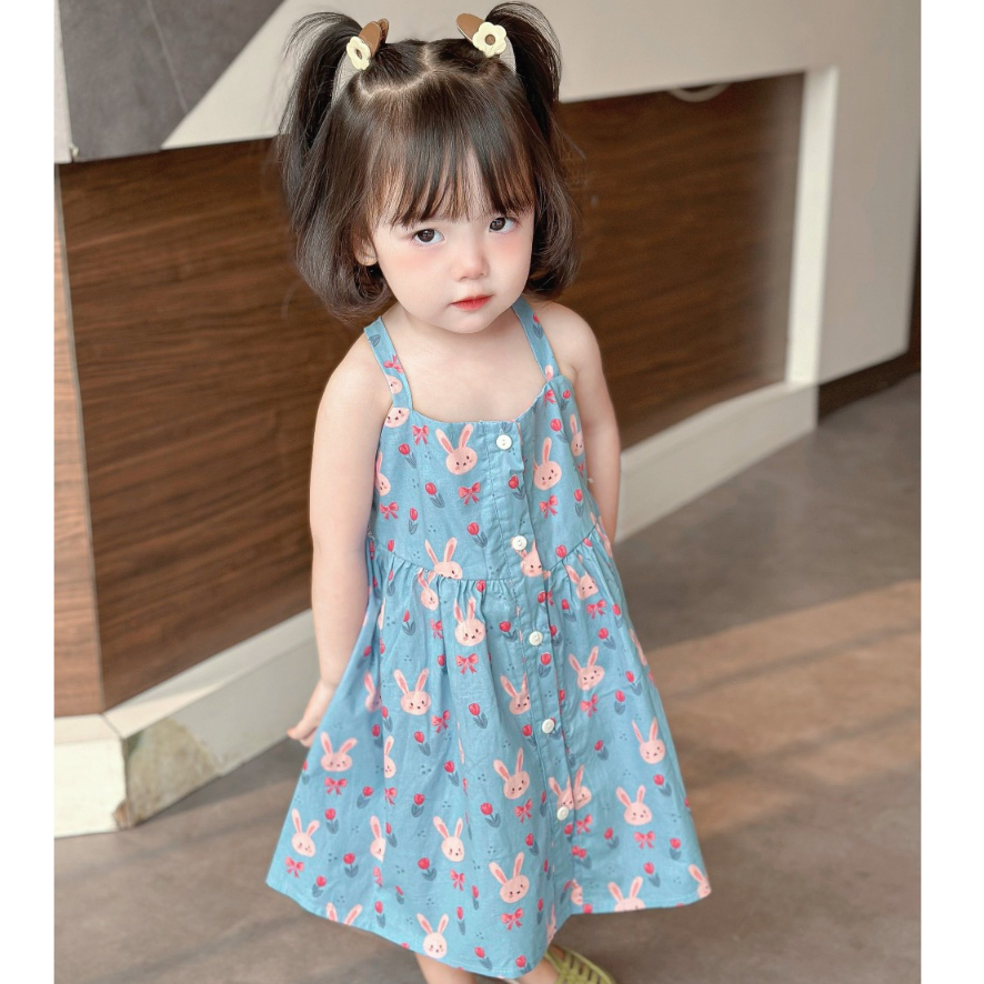 Váy 2 Dây Cho Bé Gái WOWKIDS Chất Thô Hàn Mềm Họa Tiết Thỏ Cho Bé Từ 8-20kg