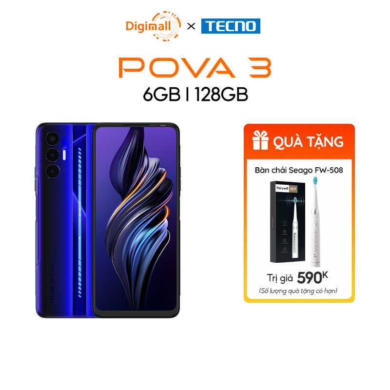 Điện thoại Gaming Tecno POVA 3 (6+5GB)/128GB-Helio G88|7000 mAh|Sạc nhanh 33W-Chính hãng