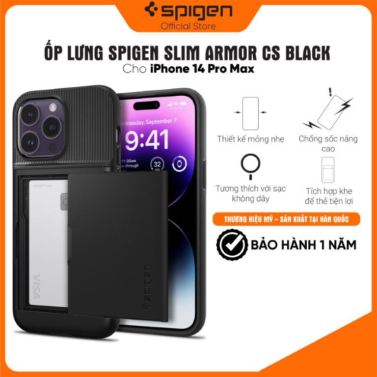 Ốp lưng Spigen Slim Armor CS Black cho iPhone 14 Pro Max  - Thiết kế mỏng nhẹ, tích hợp ví, chống sốc, chống bẩn