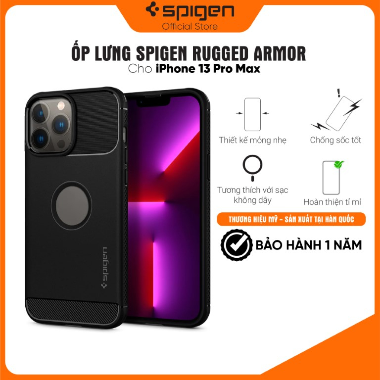 Ốp lưng Spigen Rugged Armor Matte Black cho iPhone 13 Pro Max - Thiết kế mỏng nhẹ, chống sốc, chống bẩn, viền camera cao