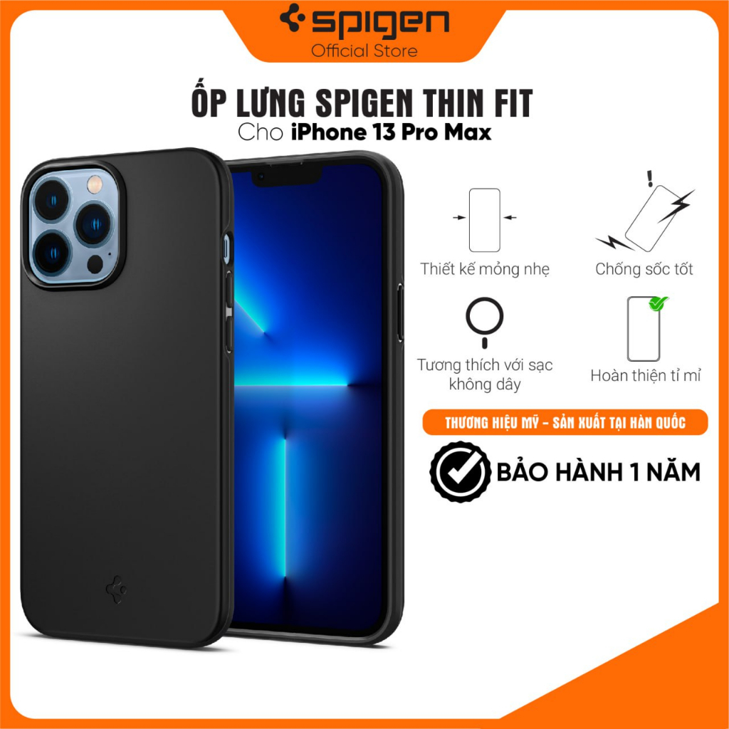 Ốp lưng Spigen Thin Fit Black cho iPhone 13 Pro Max - Thiết kế mỏng nhẹ, chống sốc, chống bẩn, viền camera cao - Hàng ch