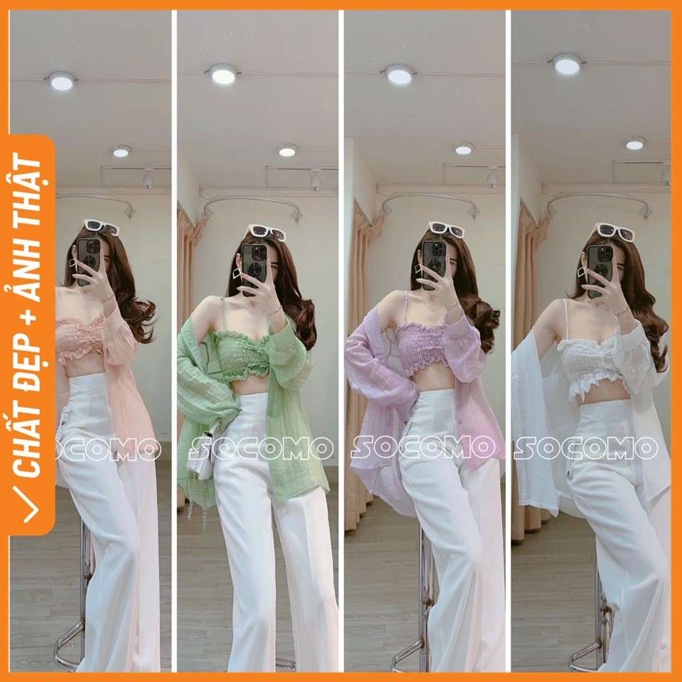 Set áo sơmi tơ trong kèm áo hai dây nhúm bèo Socomo B422023 - Hàng loại 1, chất đẹp - Giá tốt