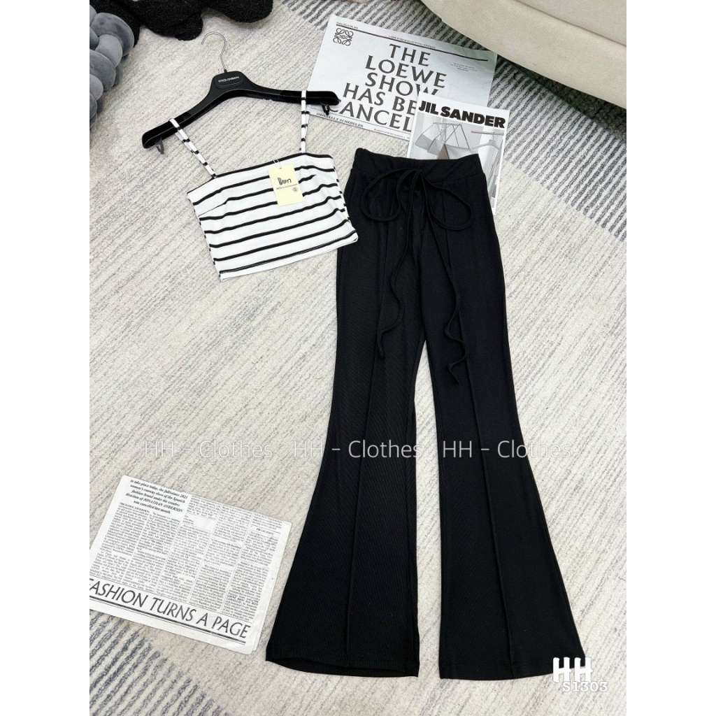 Set kiểu áo 2 dây croptop sọc ngang quần dài ôm loe chất thun gân tăm hot hit
