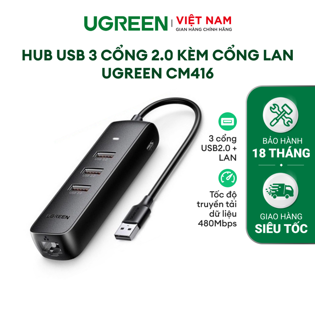 HUB USB 3 cổng 2.0 kèm cổng mạng RJ45 10/100Mbps UGREEN CR146 - Hàng phân phối chính hãng - Bảo hành 18 tháng 20984