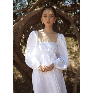 Váy Midi kiểu nữ trễ vai tay phồng The Country Merlin Midi Dress vải Kate trắng