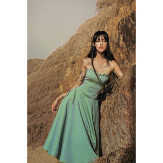 Đầm dáng xoè cúp ngực The Country Green Lund Lund Dress vải gấm xanh