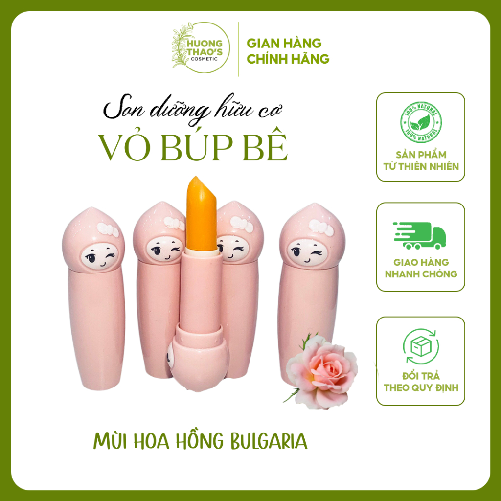 Son Dưỡng Organic An Toàn Không Màu, Mùi Hoa Hồng Bulgaria, Vỏ Búp Bê 30g - Hương Thảo Cosmetics