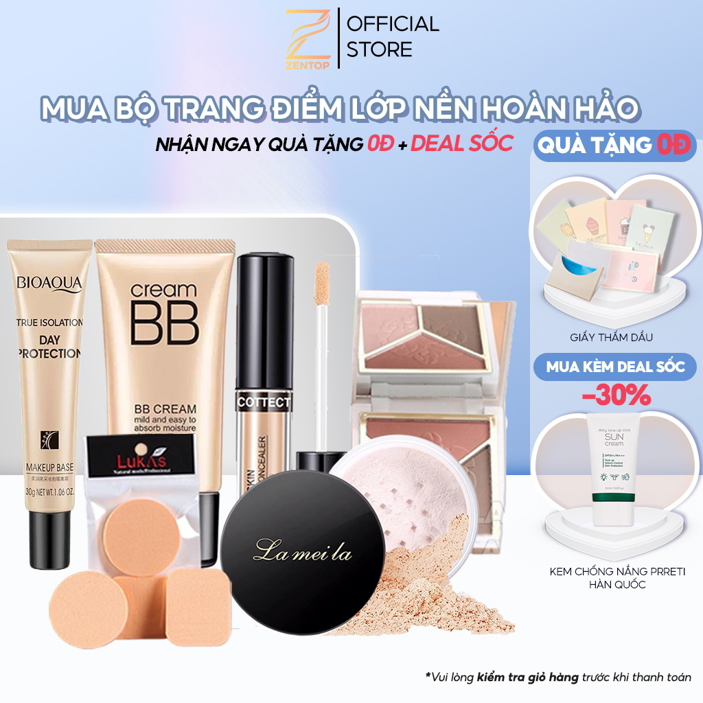Bộ trang điểm nền 5 món gồm kem lót, kem nền, che khuyết điểm, phấn phủ, bút tạo khối tặng kèm bông mút Zentop