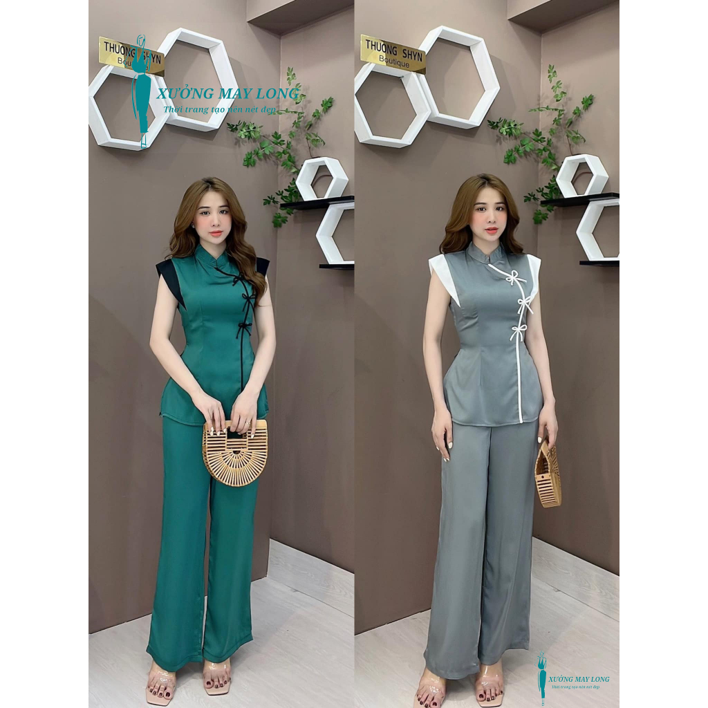 Đồ lam đi chùa nữ đồ lam nữ cổ tàu đính nơ viên kéo dài quần có túi set đồ lam nữ đi chùa xinh xắn set pháp phục 2 màu