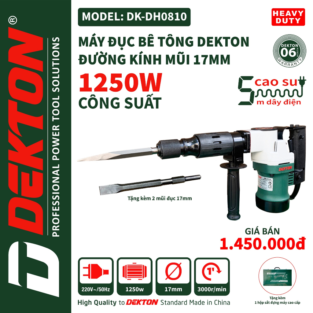 Máy Đục Bê Tông Dekton DK-DH0810 - Công Suất 1250W - Tặng Kèm 2 Mũi Đục - Hộp Kim Loại Đựng Máy