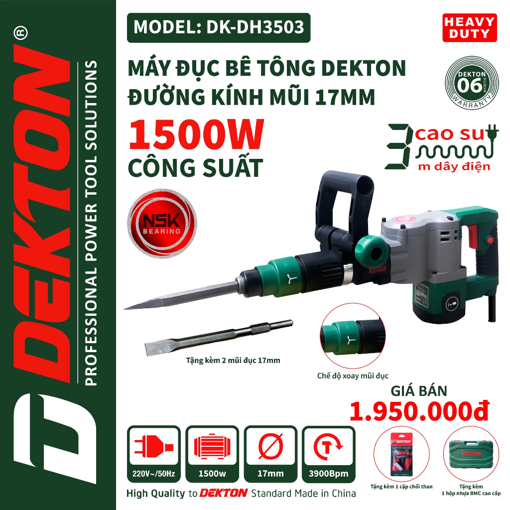 Máy Đục Bê Tông Dekton DK-DH3503 - Công Suất 1500W - Lực Đập 18J - Mũi 17mm - Chế Độ Xoay Mũi Đục